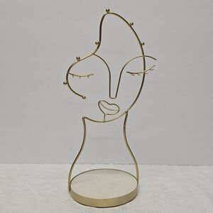 Woman's Face Gold Tone Metal Wire Jewelry Organizer Holder With Marble Base